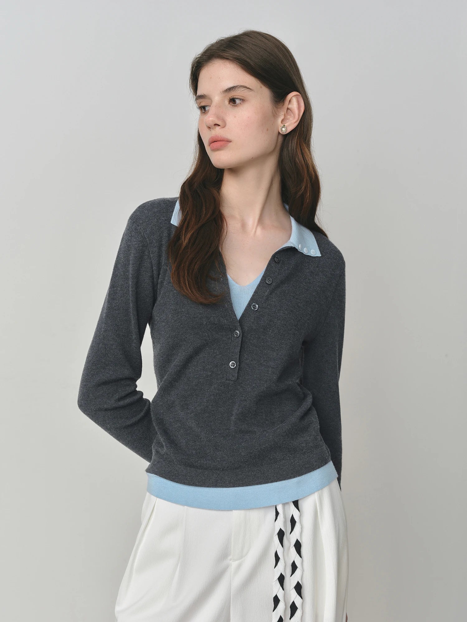 FSLE 2025 New Autumn Women's Knitted Sweater Color Block Barenia Style Fake Two-Pieces Turn Collar Vintage Cozy Cable Knit Top | Color:GRAY