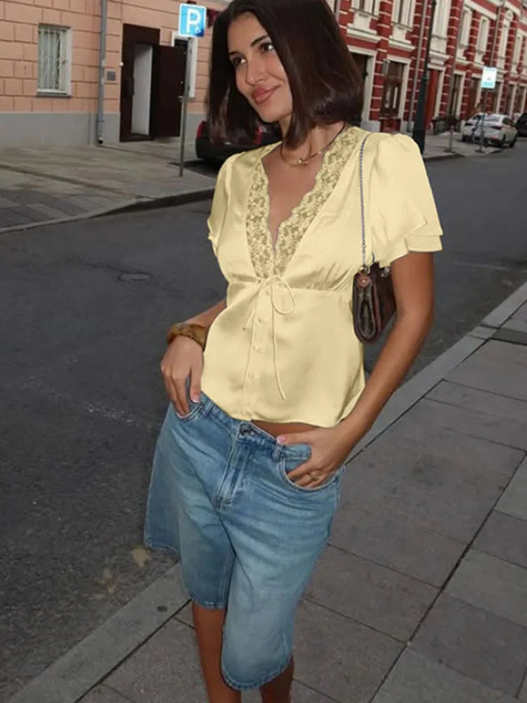 CNYISHE Lace Patchwork Solid Short Sleeve Tops for Women V Neck Sheath Fashion Tees Female Sexy Club T-shirts Elegant Casual | Color:Champagne