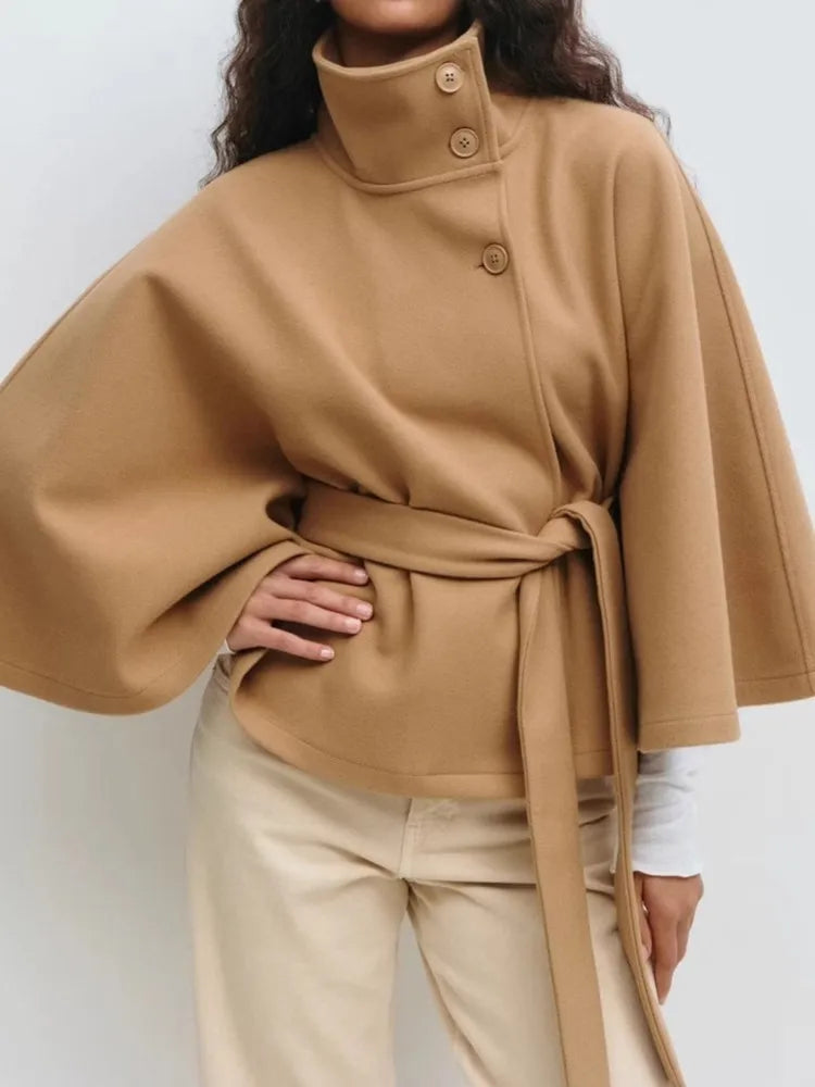 Casual Y2K Coats Women's Autumn Winter New Fashion Solid Color Cloak Stand Collar Button Belt Windbreaker Jacket Women Clothes | 0