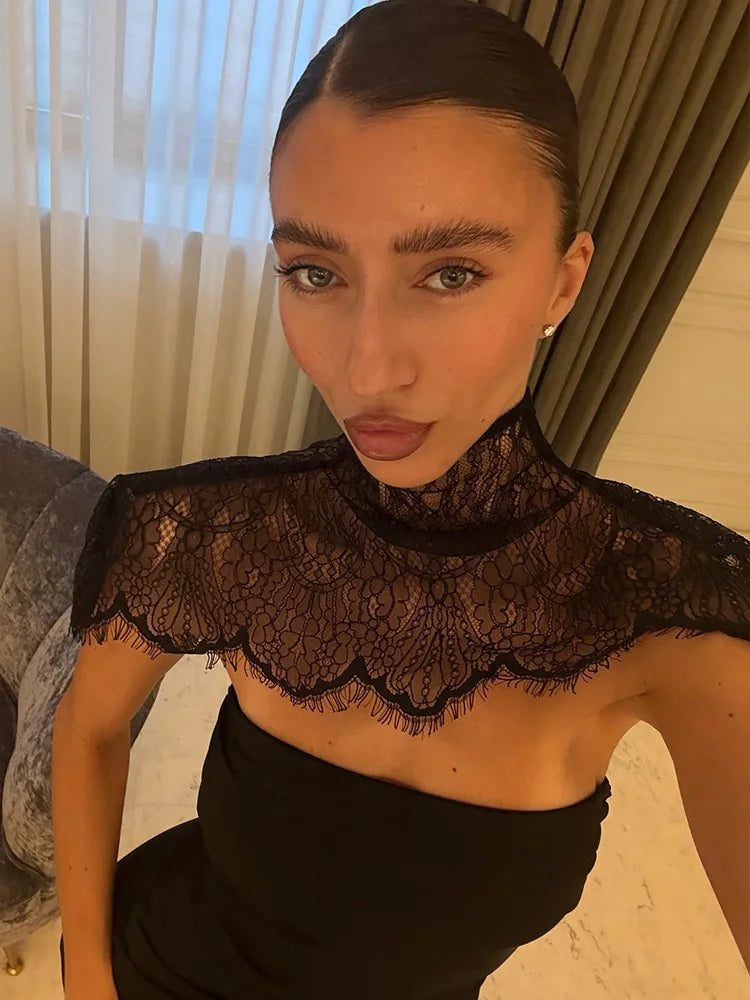 Ahagaga Sexy Women's Mini Dresses Solid Patchwork Lace Slash Sleeveless Sheath Bodycon Sheer Regular Casual Streetwear Vestidos | 2