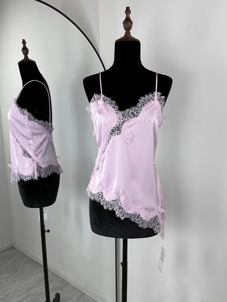 Tuularose Sexy Lace Tank Top Women Solid Lace Patchwork Asymmetrical Camis Top Summer Streetwear Party Outfit Vacation Women Top | Color:Pink