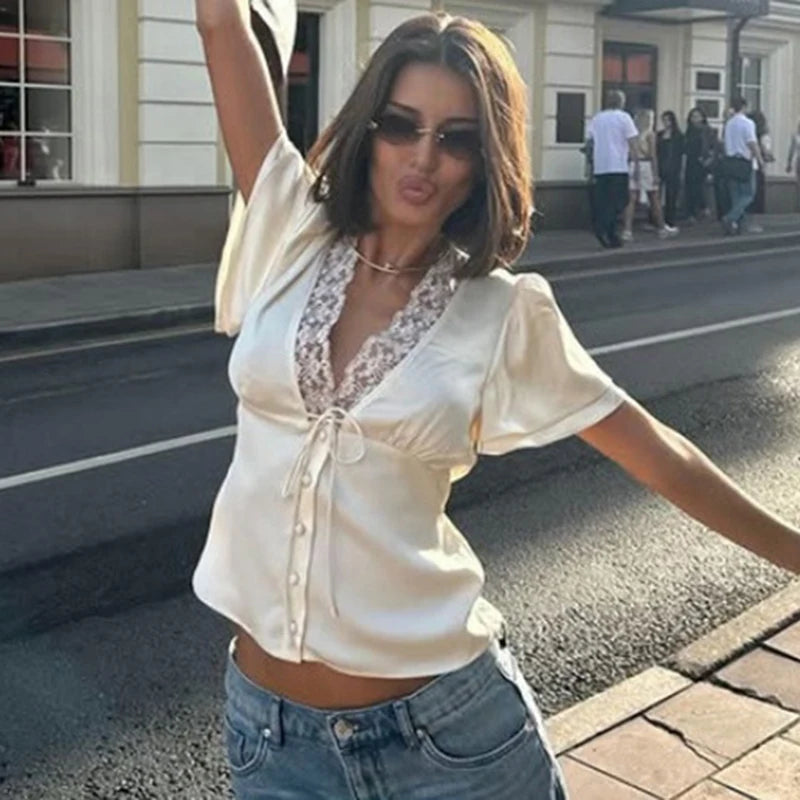 Tuularose Elegant Lace T-Shirt Female Sexy V-Neck Lace Patchwork Lace-up Short Top Summer Fashion Luxury Party Look Top Women | 1