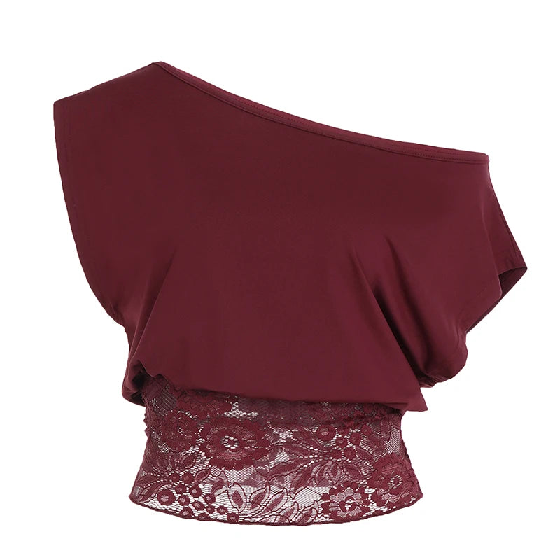 Elegant Patchwork Lace T-Shirt See Through Slim-Fitting Crew Neck Off-Shoulder Long Sleeve Tees Women 2025 Autumn Winter Fashion | Color:Short Sleeve Tees-1