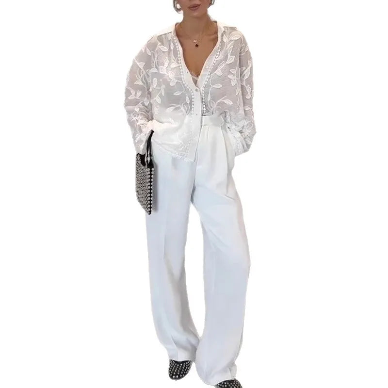 Heavy Industry Embroidery Lapel Long Sleeved Shirt for Summer Sun Protection, New Embroidery Loose Top Cardigan | 4