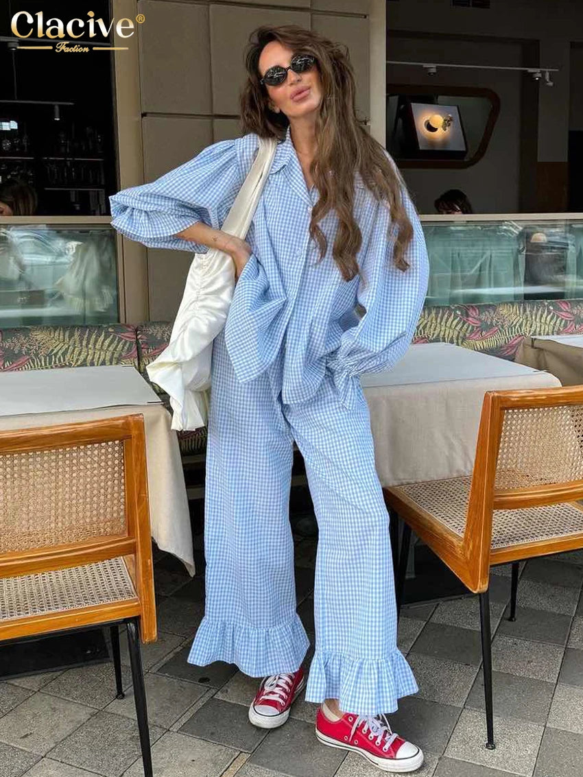 Clacive Fashion Loose Plaid Cotton Women's 3 Pieces Set 2025 Elegant Long Sleeve Shirt With High Wiast Wide Pants Set Female | 0