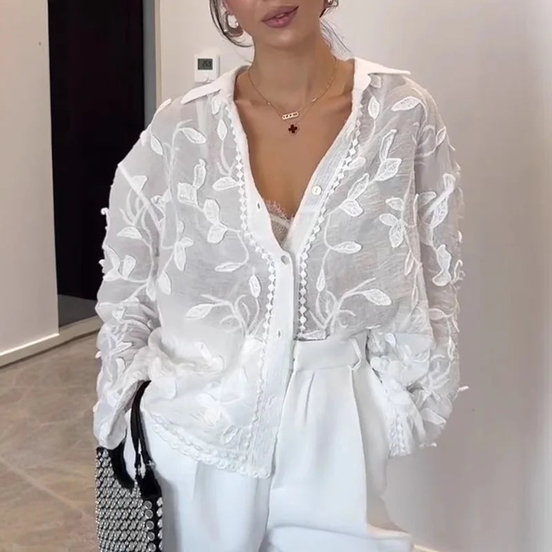 Heavy Industry Embroidery Lapel Long Sleeved Shirt for Summer Sun Protection, New Embroidery Loose Top Cardigan | Color:WHITE
