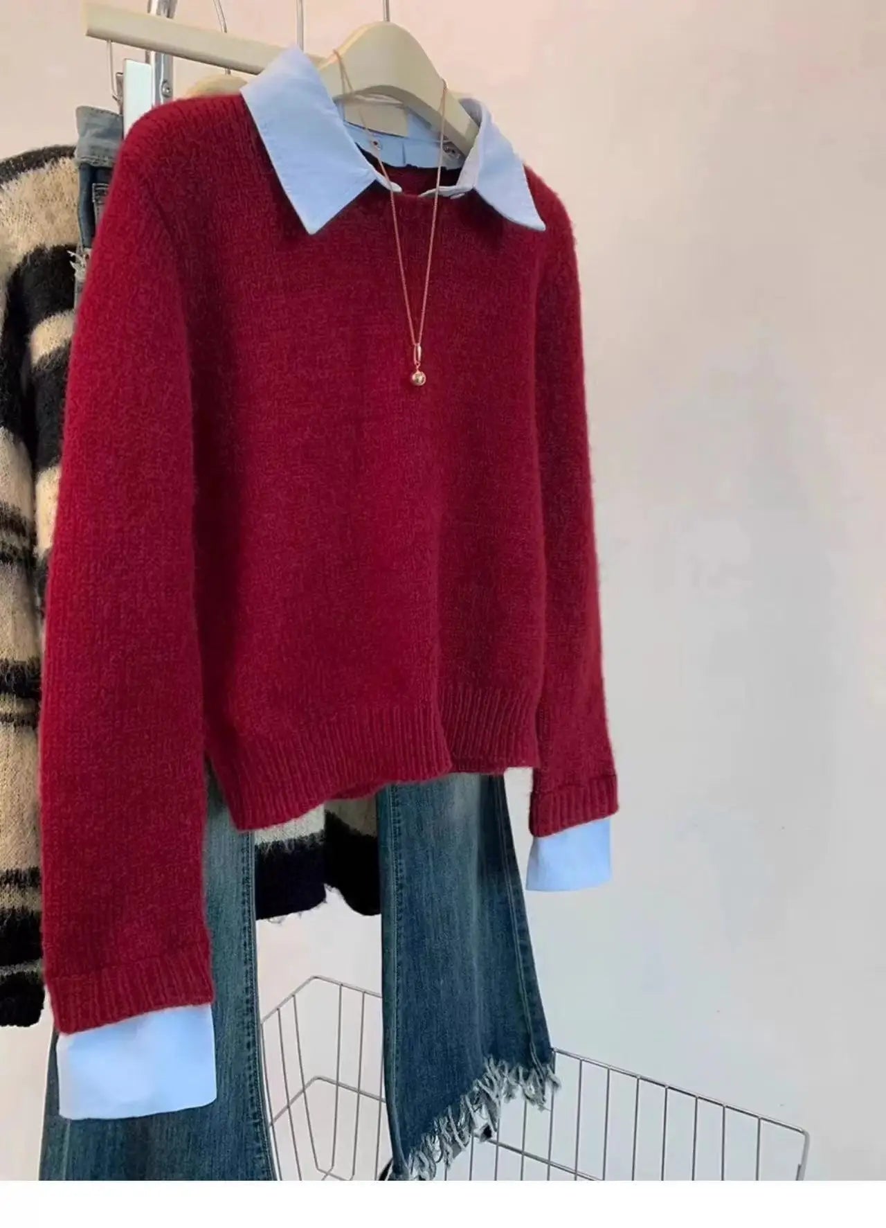 Fake Two Shirts Collar Sweater Women's Autumn Outfit New Lazy Linterior Contrasting Color Gray Knit Sweater Top With Flip Collar | Color:red