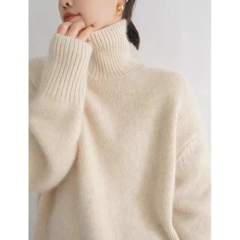 2024 Autumn and Winter New Thick Cashmere Sweater Women High Neck Pullover Sweater Warm Loose Knitted Base Sweater Jacket Tops | Color:beige