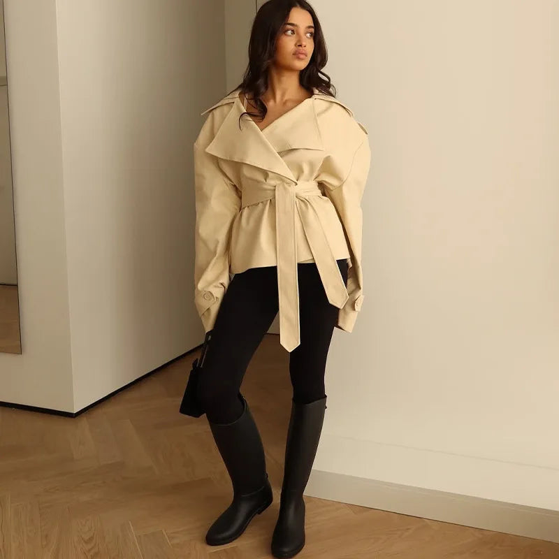F New Fashion Lace up Cropped Trench Coat Women Lapel Long Sleeves Wide Shoulder Windbreaker Jacket Fall Commuting Daily Jackets | Color:Light Yellow