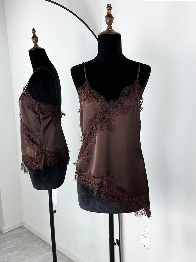 Tuularose Sexy Lace Tank Top Women Solid Lace Patchwork Asymmetrical Camis Top Summer Streetwear Party Outfit Vacation Women Top | Color:Brown