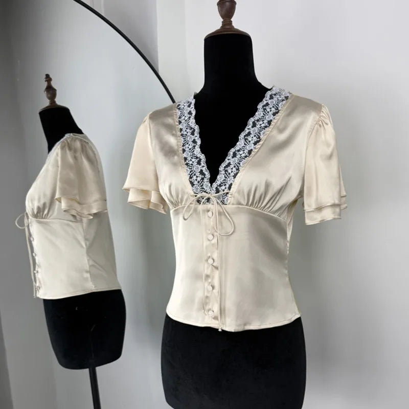 Tuularose Elegant Lace T-Shirt Female Sexy V-Neck Lace Patchwork Lace-up Short Top Summer Fashion Luxury Party Look Top Women | Color:Apricot