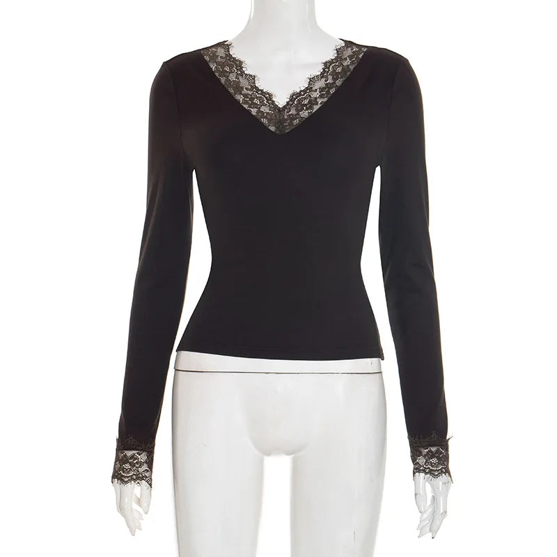 Tornova V neck Lace T shirt Top Women Sexy Navel Exposed Pullover Fashion Splice Hot Girl Club Party Top Autumn New Lady T shirt | Color:Brown