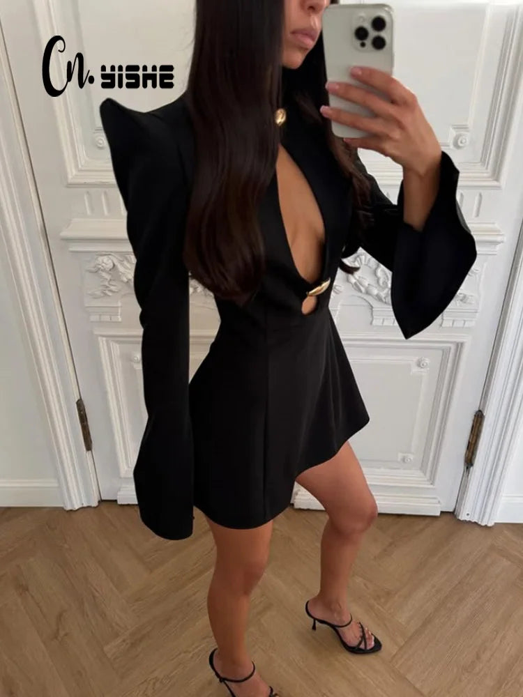 CNYISHE Metal Buckle Hollow Out Women Dresses Autum Fashion Solid O Neck Sheath Long Sleeve Sexy Club Female Bodycon Chic Robes | 0