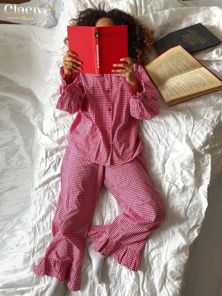 Clacive Fashion Loose Plaid Cotton Women's 3 Pieces Set 2025 Elegant Long Sleeve Shirt With High Wiast Wide Pants Set Female | Color:Red