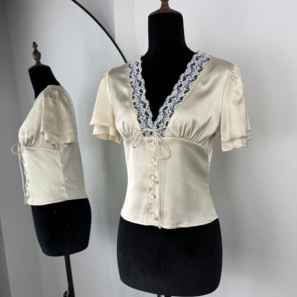 Tuularose Elegant Lace T-Shirt Female Sexy V-Neck Lace Patchwork Lace-up Short Top Summer Fashion Luxury Party Look Top Women | 3