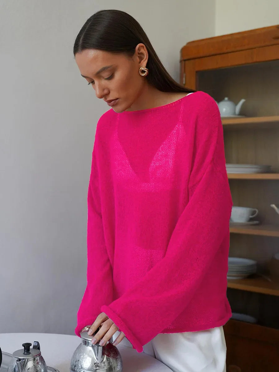 Talenza Hollow Knitted Sweater Pullover Women's Solid See-through O-Neck Long Sleeve Knitted T-Shirt Loose Casual Pullover 2025 | Color:Rose Red