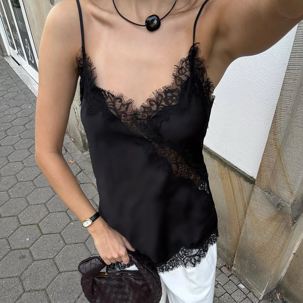 Tuularose Sexy Lace Tank Top Women Solid Lace Patchwork Asymmetrical Camis Top Summer Streetwear Party Outfit Vacation Women Top | 1