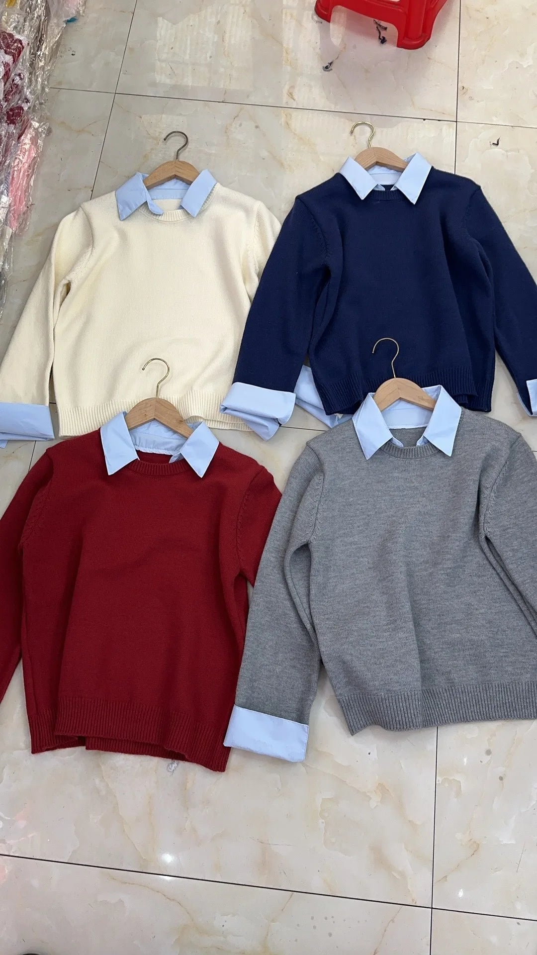 Fake Two Shirts Collar Sweater Women's Autumn Outfit New Lazy Linterior Contrasting Color Gray Knit Sweater Top With Flip Collar | Color:apricot